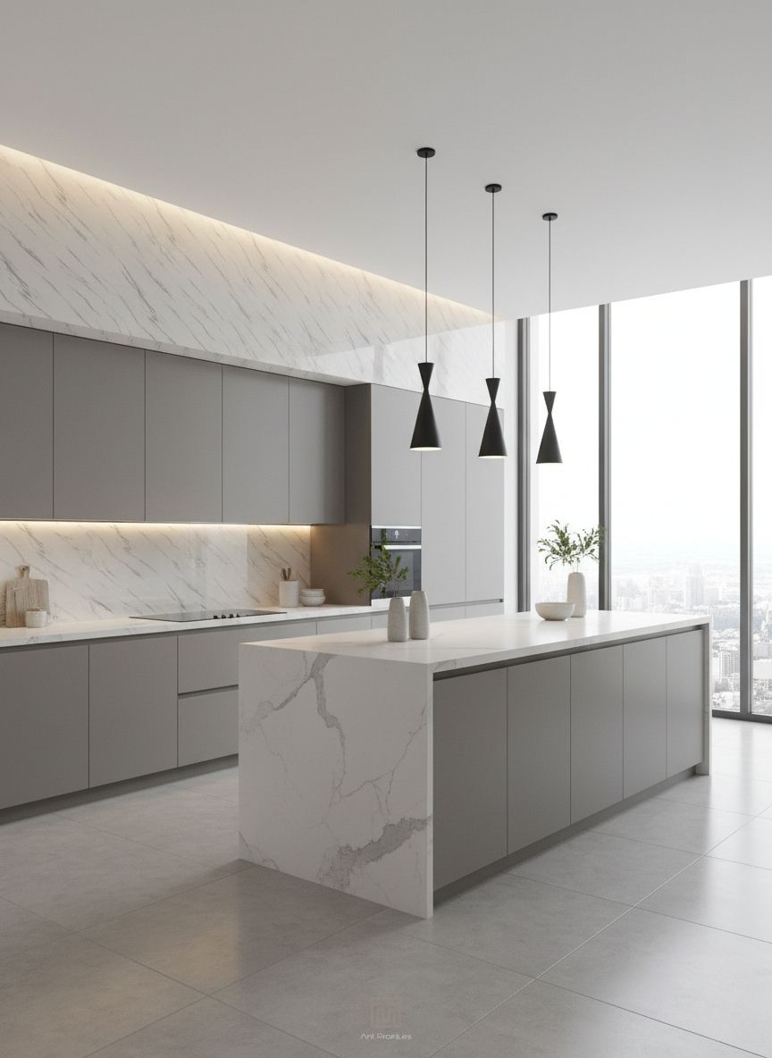 Bianco Vena 244x122 cm 2.8 mm beyaz PVC mermer duvar paneli modern mutfak uygulaması