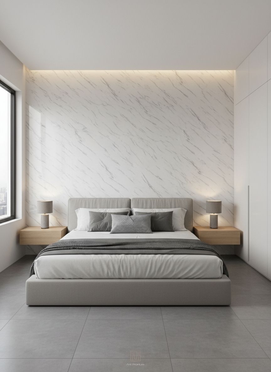 Bianco Vena 244x122 cm 2.8 mm beyaz PVC mermer duvar paneli yatak odası uygulama görseli