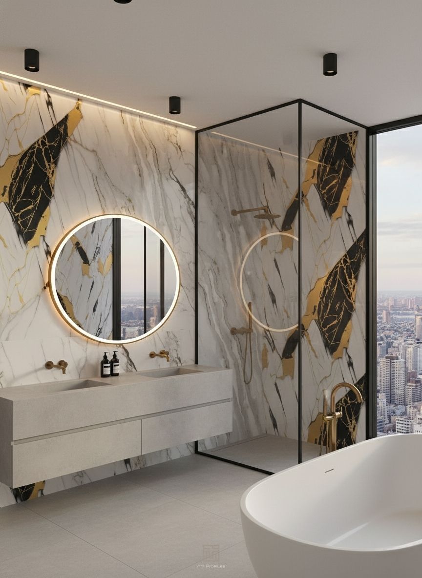 Phantom Gold siyah ve altın damarlı PVC mermer panel ile tasarlanmış lüks banyo uygulaması