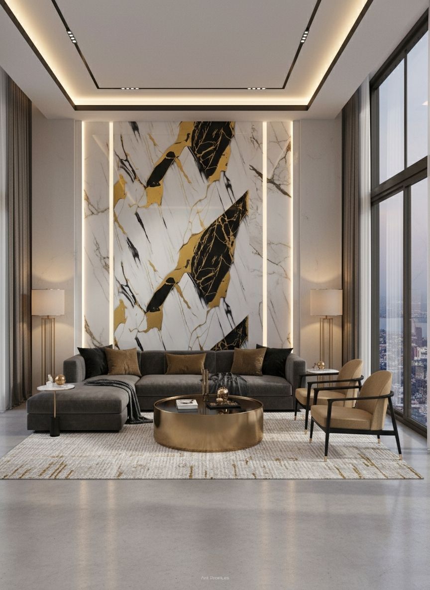 Phantom Gold PVC mermer duvar paneli ile tasarlanmış lüks salon uygulaması