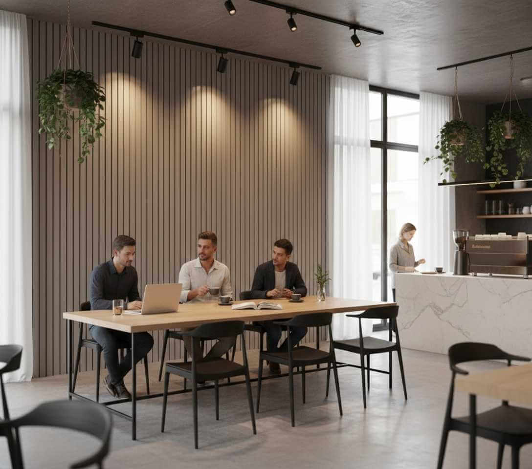 Koyu vizon polimer iç cephe lambri paneli ile tasarlanmış modern kafe iç mekân uygulaması