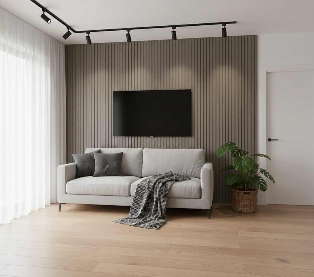 Koyu vizon polimer iç cephe lambri duvar paneli ile tasarlanmış modern salon dekorasyonu